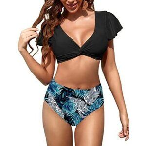 ANBOTA Womens SMALL Black Palm Print High Waisted Ruffle Sleeve BIKINI Swimsuit